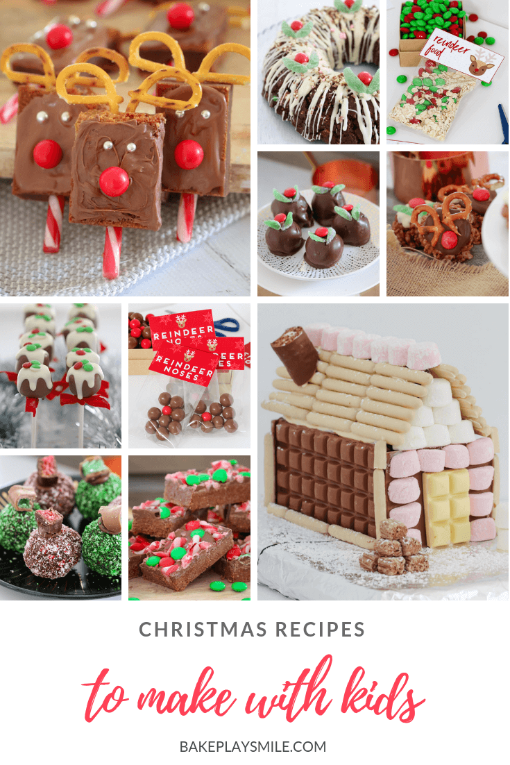 A collage of images of Christmas recipes that kids can make. 