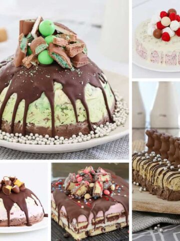 A collage of Christmas ice cream cakes.