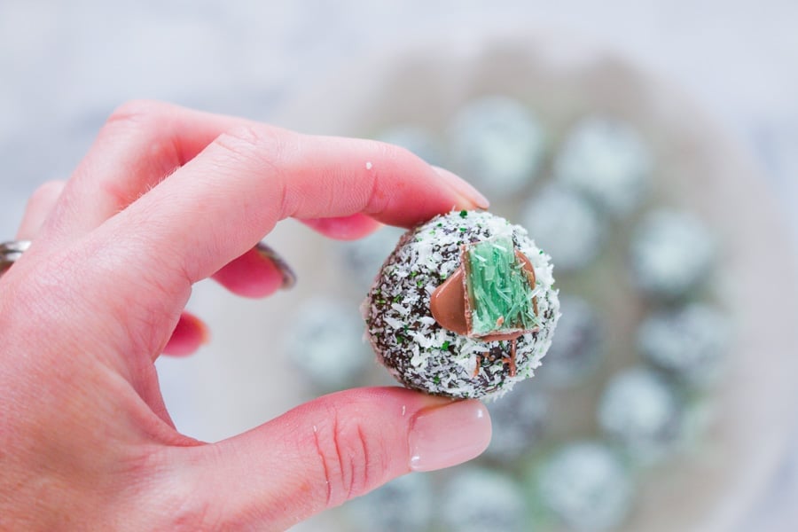 A peppermint crisp ball coated in green coconut.