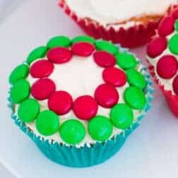 Christmas Cupcakes decorated with M&Ms.