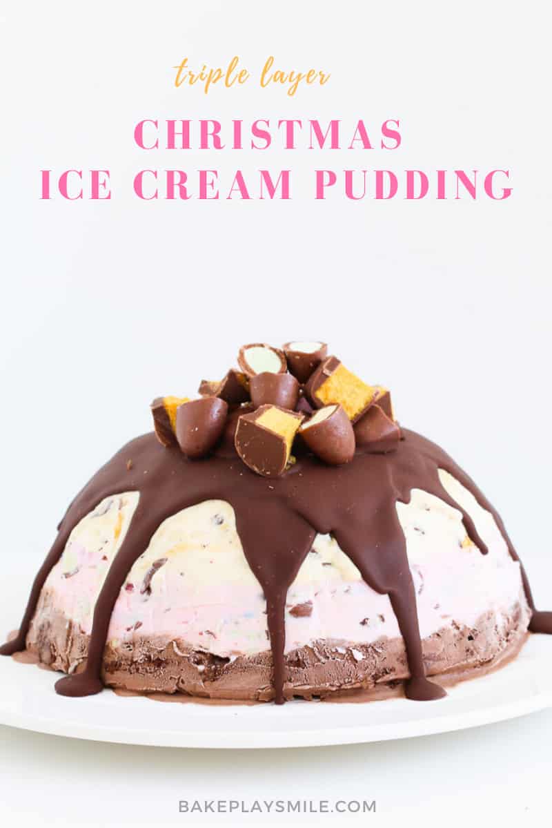 A triple layer Christmas ice cream pudding with chocolates on top.