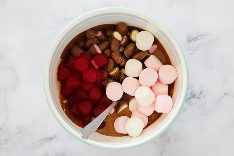 Marshmallows, raspberry lollies and Clinkers with melted chocolate.