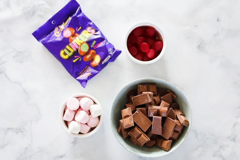 Clinkers, marshmallows, chocolate and raspberry lollies.