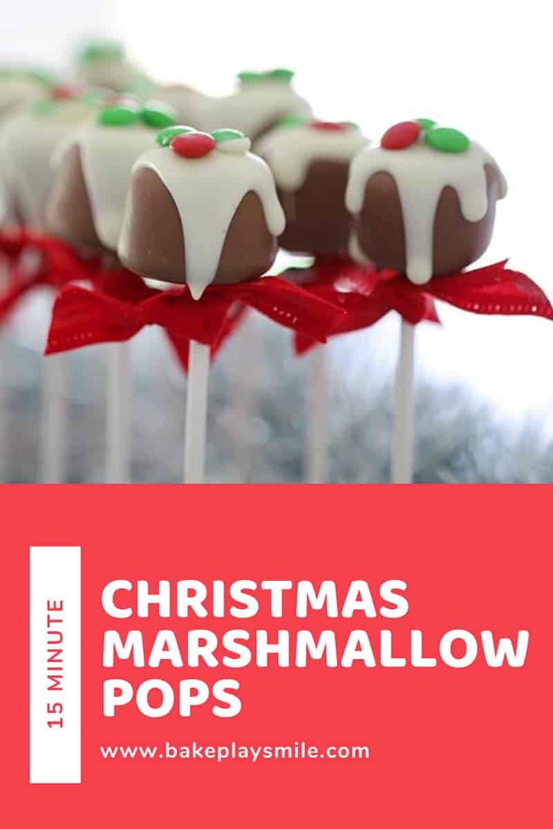 Marshmallows coated in chocolate and decorated like Christmas puddings on sticks.