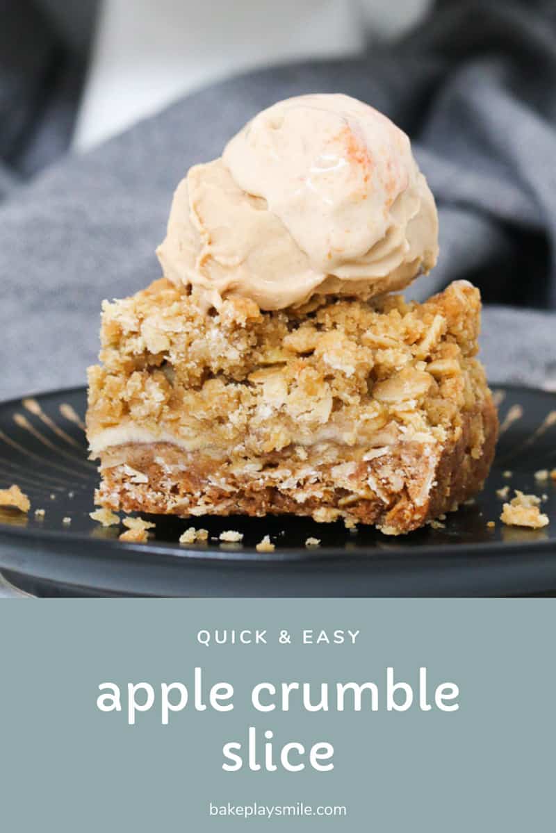 A piece of apple crumble slice with ice-cream on top. 