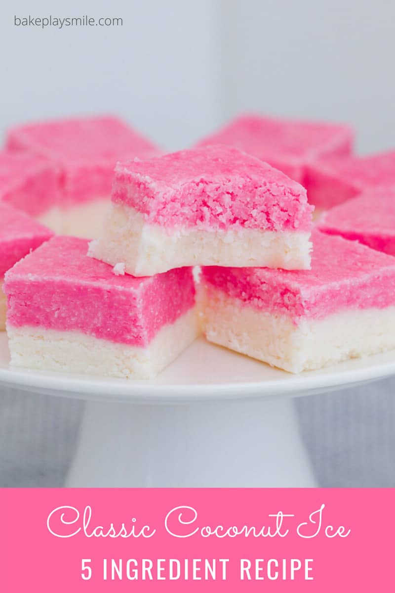 Pieces of white and pink coconut ice on a cake stand.