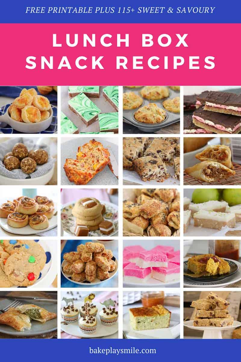 A collage of sweet & savoury school lunch box snack recipes for kids.