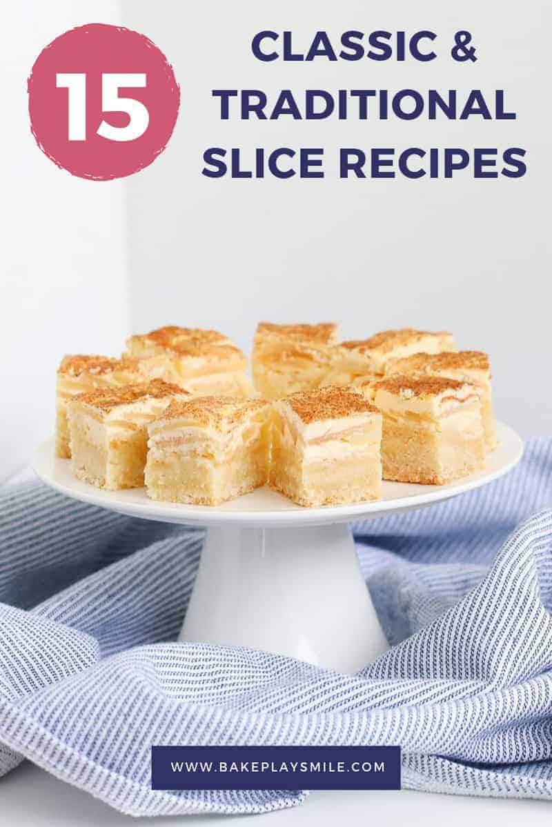 A plate of apple and sour cream slice on the cover of a Classic & Traditional Slice Recipes book