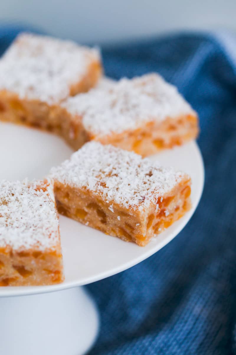 Pieces of apricot slice topped with coconut.