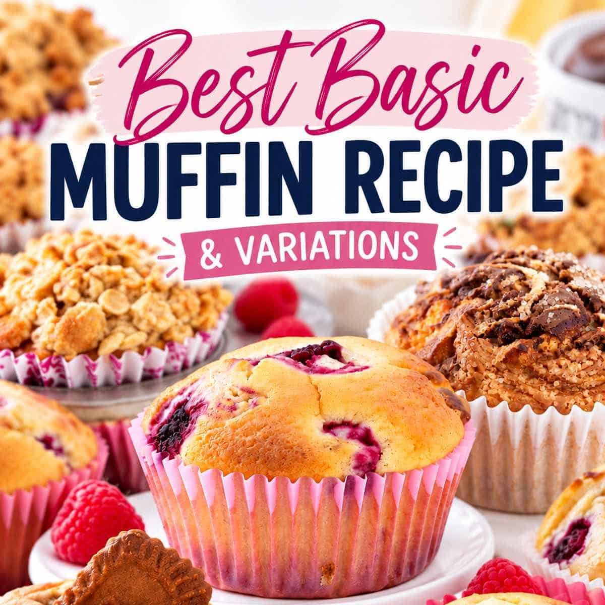 Muffins with a text overlay of 'best basic muffin recipe'