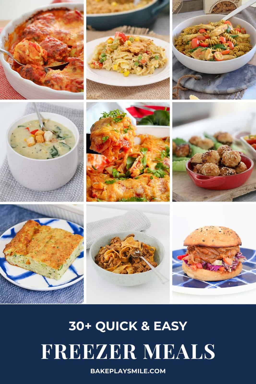 A collection of images of homemade main meals that can be frozen.