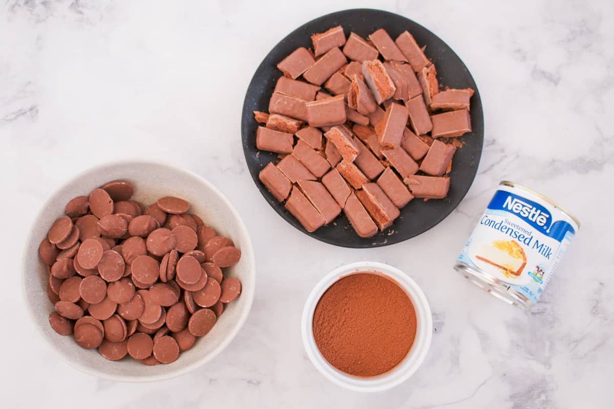 The ingredients for chocolate fudge made with malted milk and Tim Tam biscuits.
