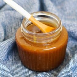 Make a batch of homemade 4 ingredient salted caramel sauce in just 15 minutes and without the need for a sugar thermometer! Follow our simple step-by-step instructions. #homemade #salted #caramel #sauce #stovetop #thermomix #recipe