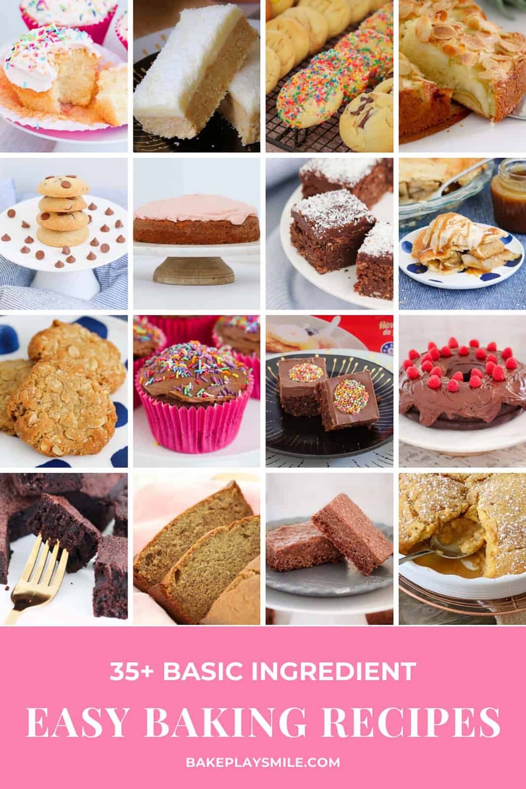 A collage of sweet baking recipes made using basic pantry and refrigerator ingredients. 