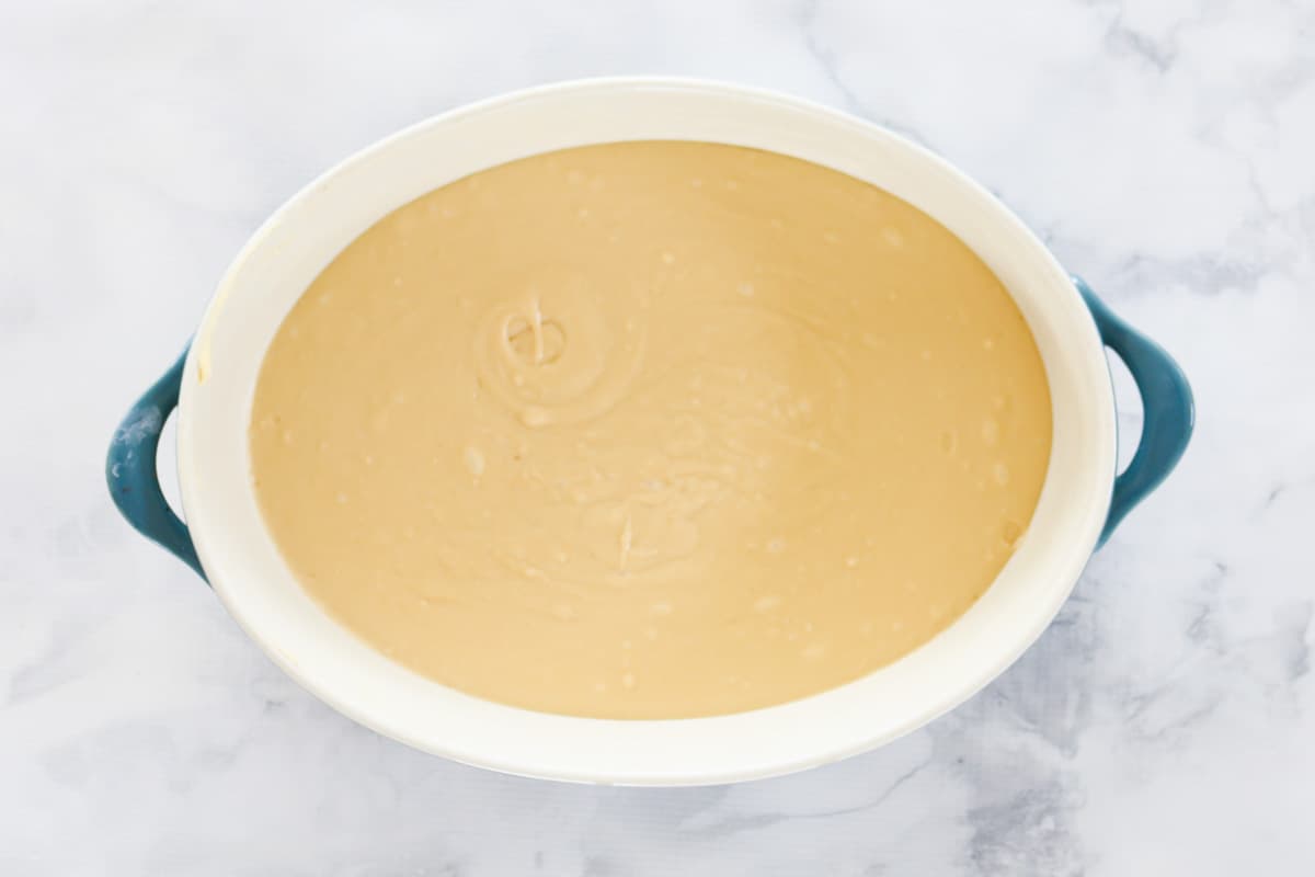 Sweet pudding mixture in a baking dish.