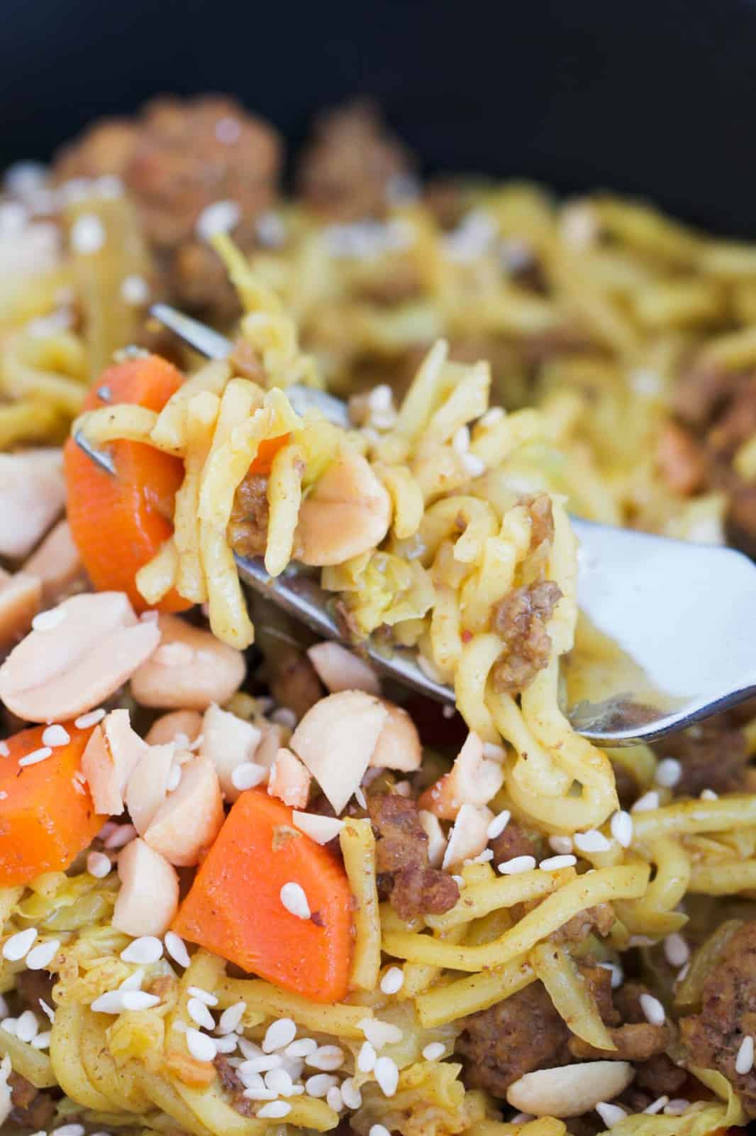 A fork with noodles, carrot, peanuts and cabbage. 