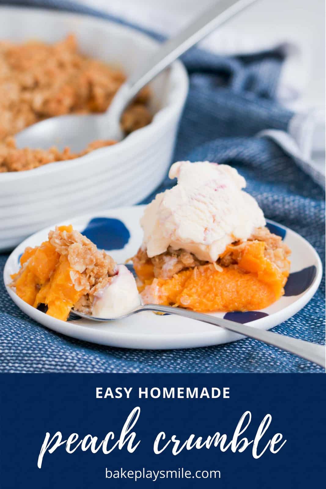 A plate with poached peaches and crunchy streusel with ice-cream on top.