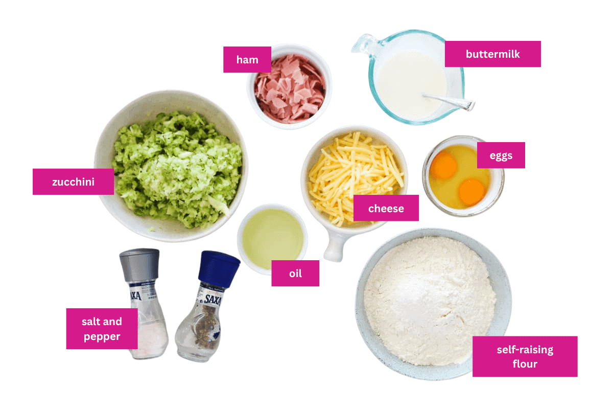The ingredients for zucchini, ham and cheese muffins.
