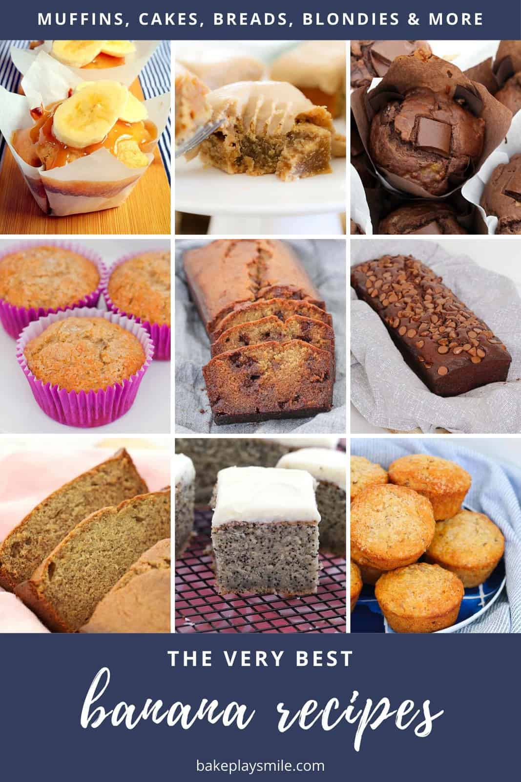 A collage of muffins, cakes and breads made using banana.