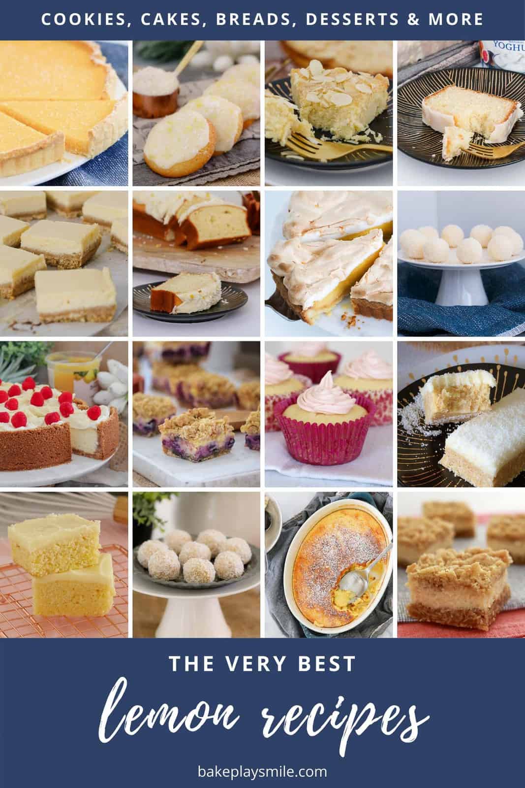 A collage of sweet baking recipes made using lemons.