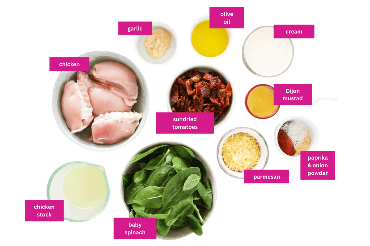 The ingredients for creamy tuscan chicken in small bowls.