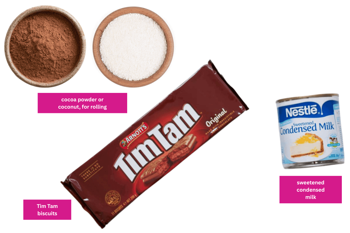 Bowls of cocoa powder and coconut, a packet of Tim Tams and a tin
of sweetened condensed milk.