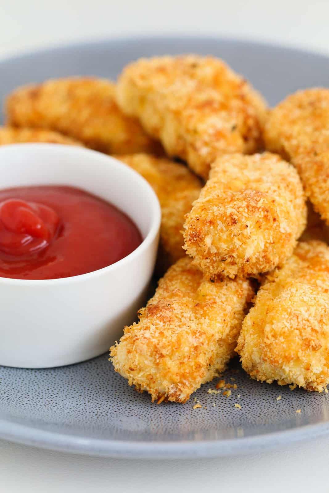 A stack of golden crunchy homemade chicken nuggets