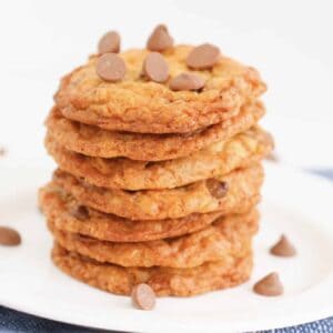 A pile of oat cookies with chocolate chips on a white plate.
