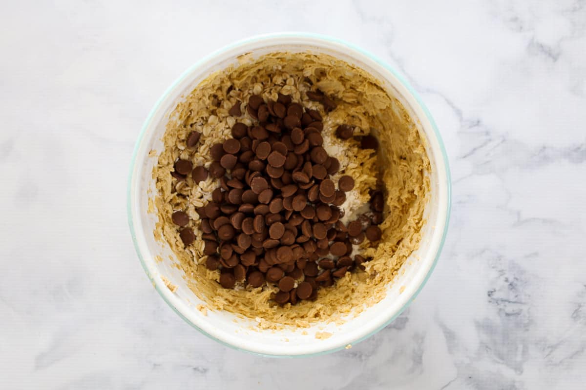 Chocolate chips in a bowl of cookie dough.