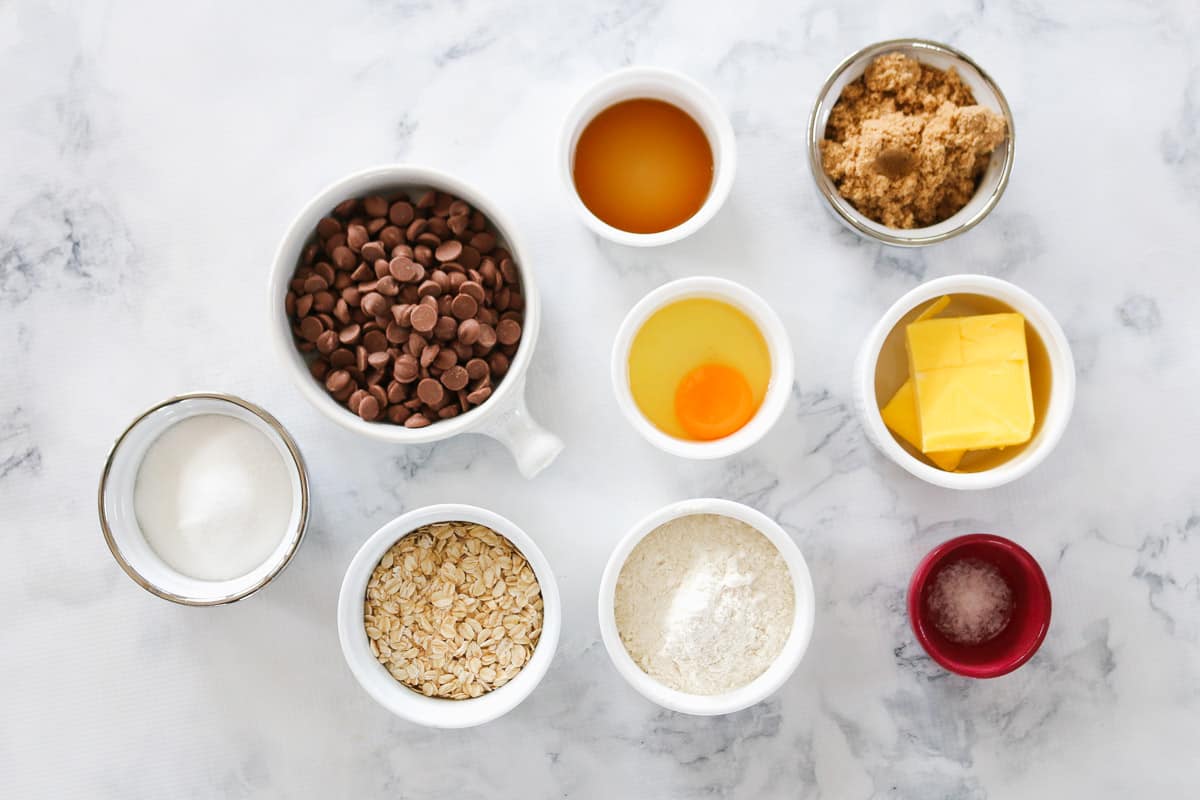 The ingredients for chocolate chip oat cookies.
