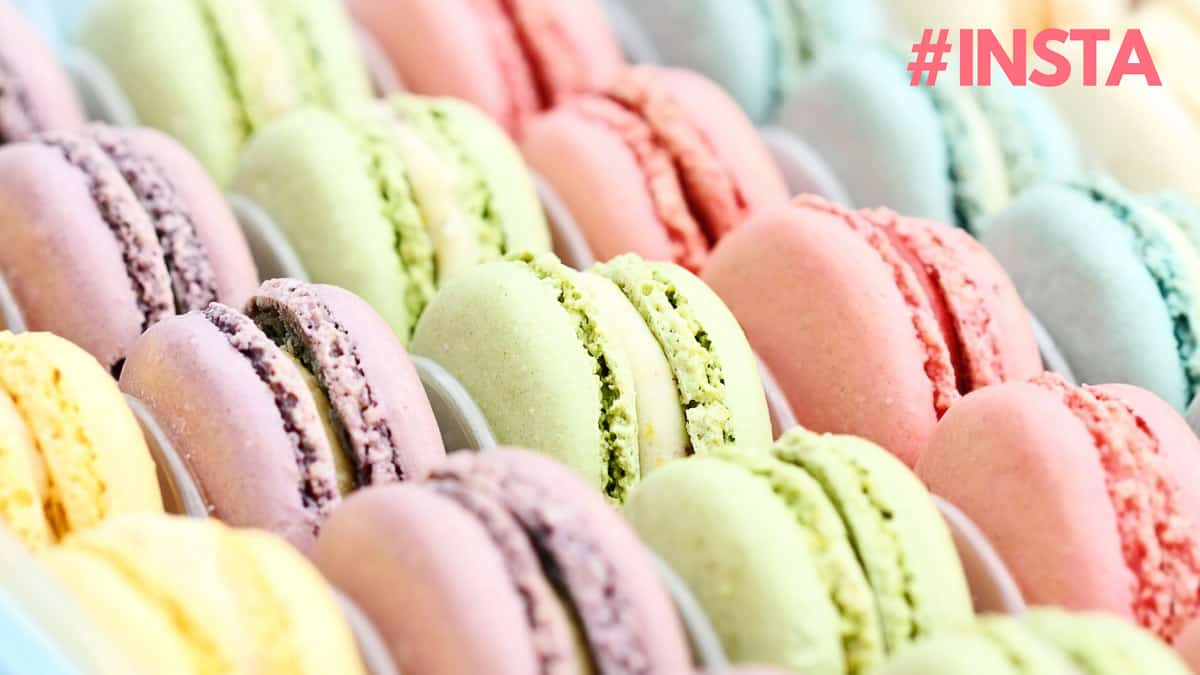 Pink, green and purple macarons.