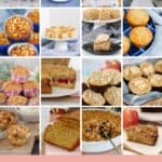 A collage of sweet recipes including cakes, muffins, pies, crumbles and slices made with apples.