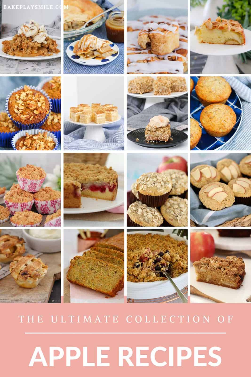 A collage of sweet recipes including cakes, muffins, desserts, crumbles and slices made with apples.