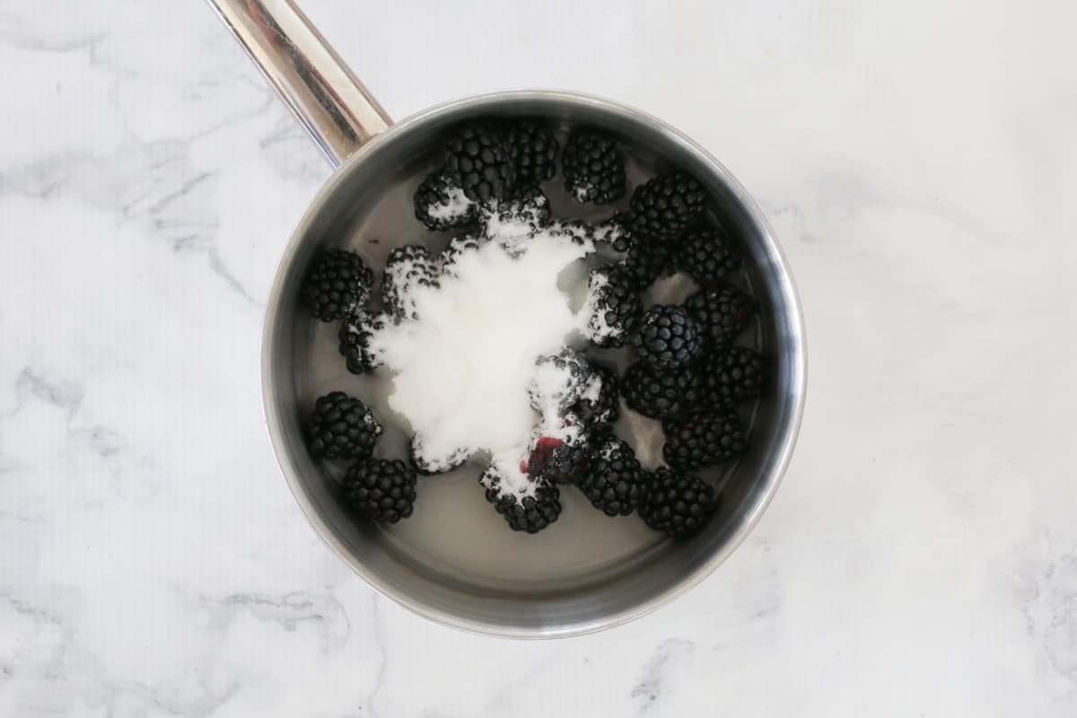 Blackberries, sugar and water in a saucepan.