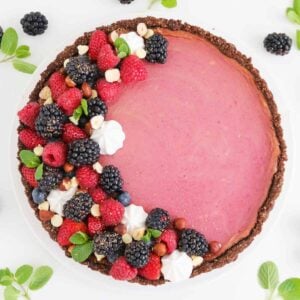 A pink cheesecake covered with berries, mint leaves and meringues with a chocolate crust.