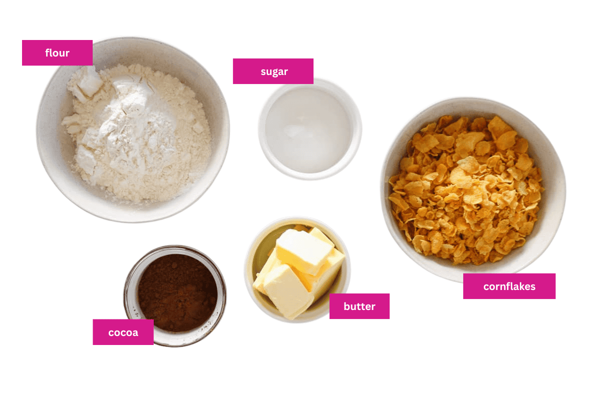 The ingredients for chocolate cornflake cookies.