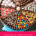 A cake decorated with chocolate fingers, lollies and chocolates.
