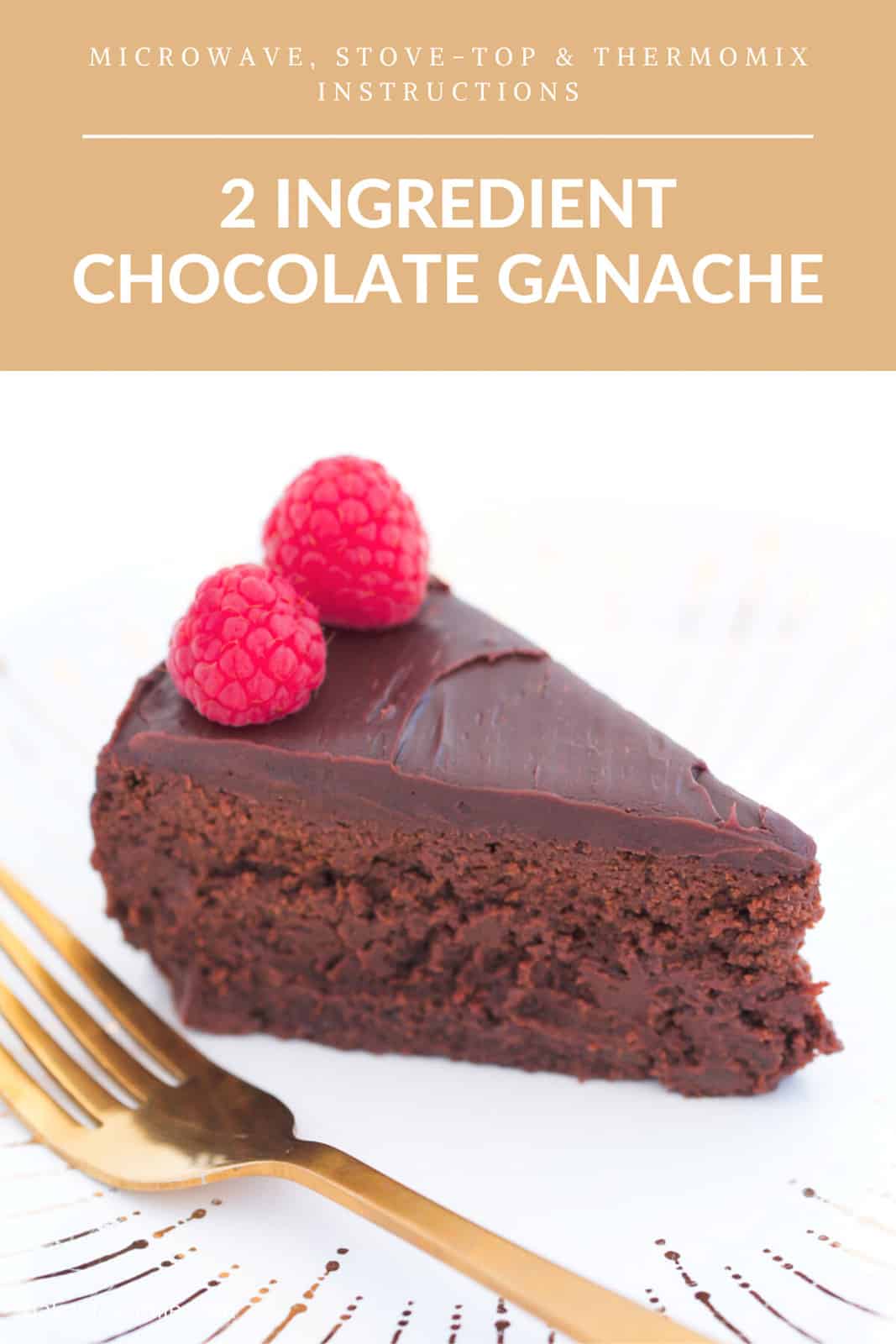 A slice of rich chocolate cake with chocolate ganache and raspberries served with a gold fork.