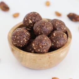 A bowl of chocolate almond balls.