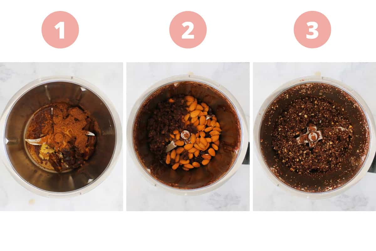 A collage of 3 steps to making protein balls in a food processor.