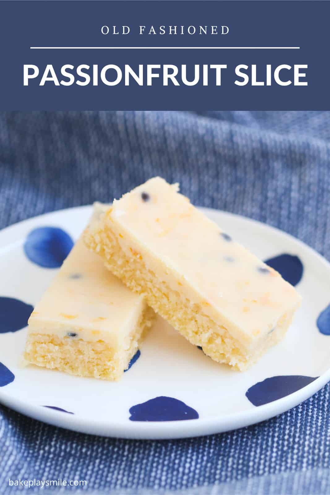 Two pieces of baked slice topped a creamy passionfruit topping on a white and blue plate.