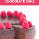 A rich mousse chocolate cake with raspberries and chocolate ganache.