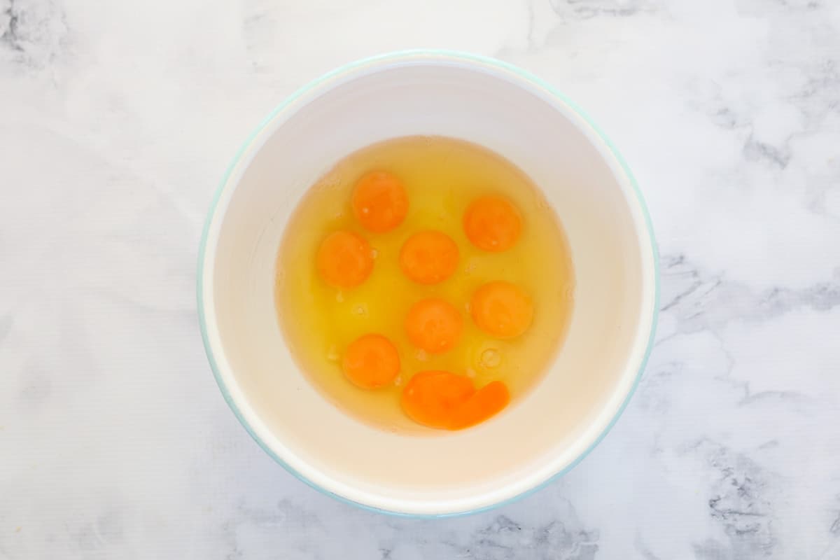 Eggs in a white bowl.