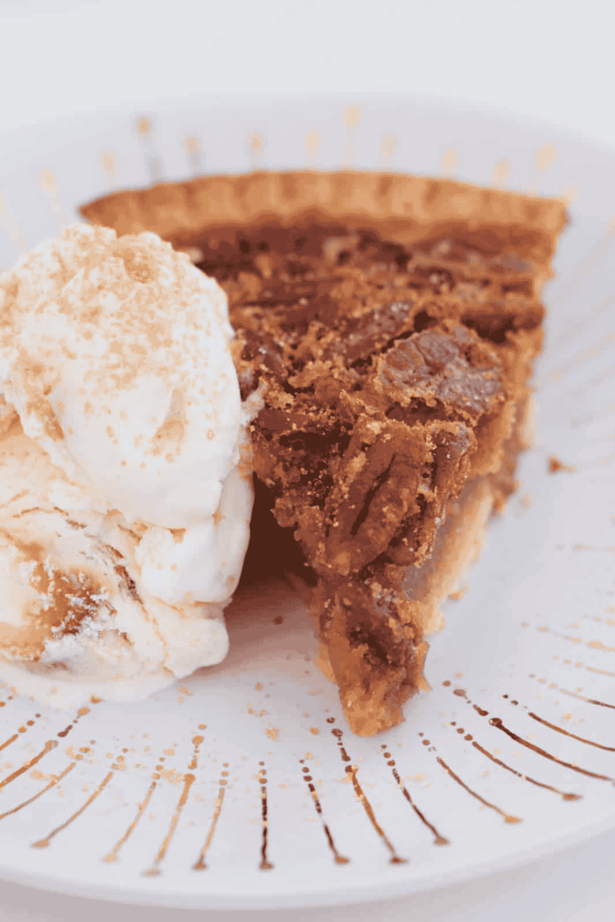 A slice of pecan pie on a plate with a scoop of ice cream.