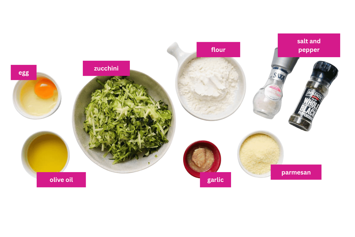 The ingredients for homemade zucchini fritters.