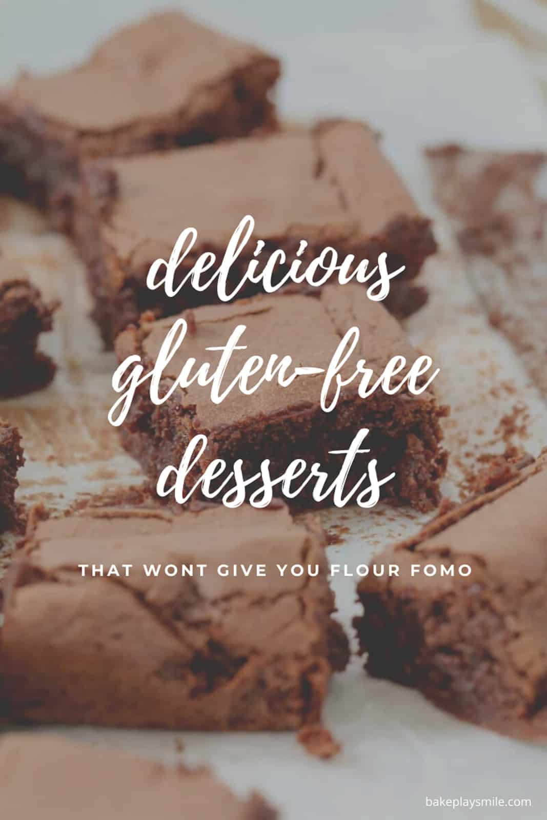 Pieces of chocolate brownie on a chopping board with the overlay of text 'delicious gluten-free desserts'