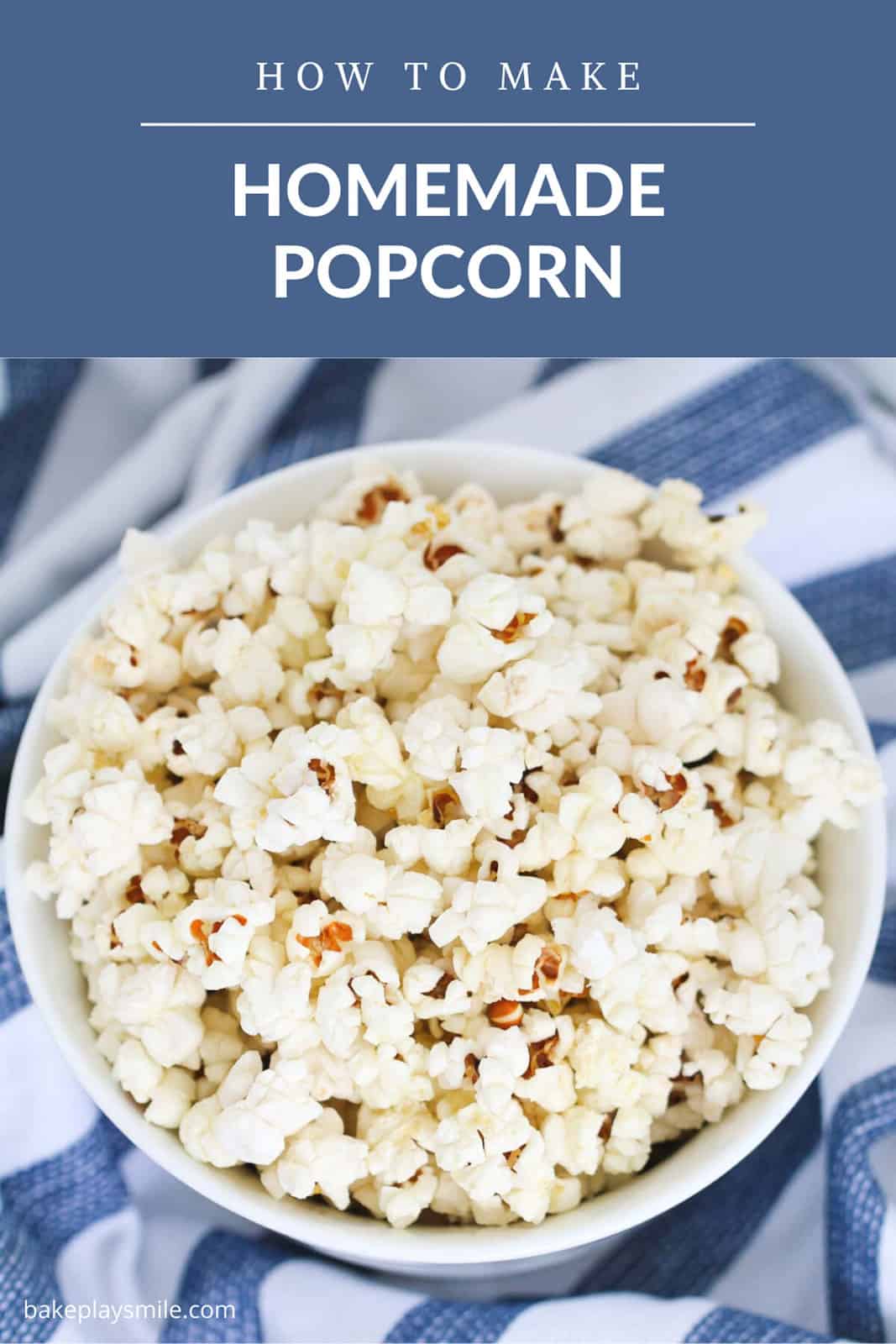 A bowl of popcorn sitting on a blue and white tea towel