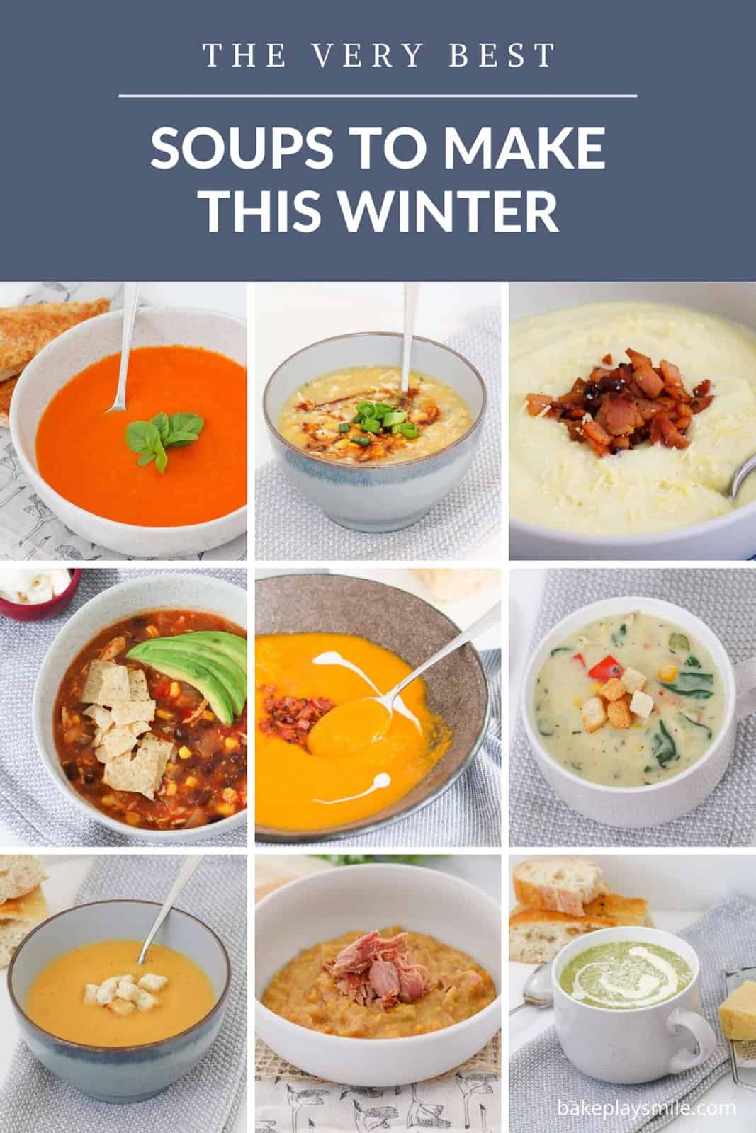 A collage of pictures of colourful, soups in bowls.