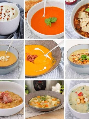 A collage of photos of healthy soups in bowls.