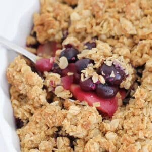 A spoonful of oat baked crumble with blueberries and apple.